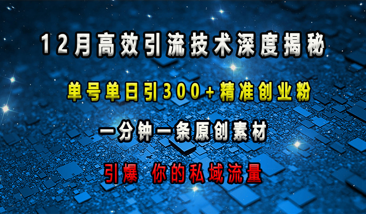 12月高效引流技术深度揭秘 ，单号单日引300+精准创业粉，一分钟一条原创素材，引爆你的私域流量_优优资源网